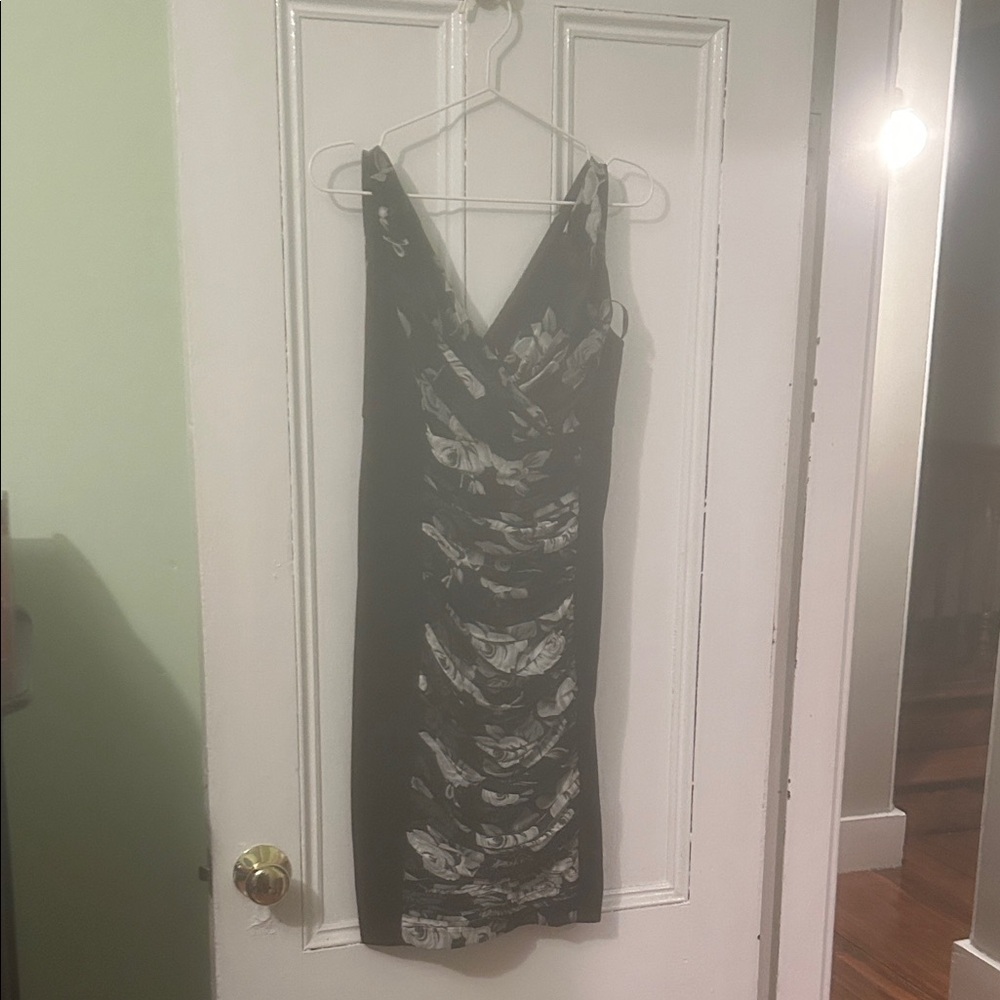 White House Black Market Strapless Black and Gray Dress floral detail